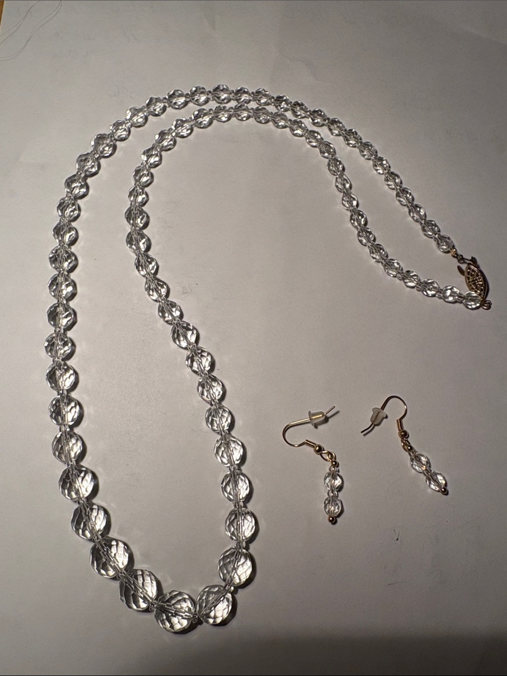 0175) Classic Clear Cut Crystal (glass) Necklace with Matching Drop Earrings
